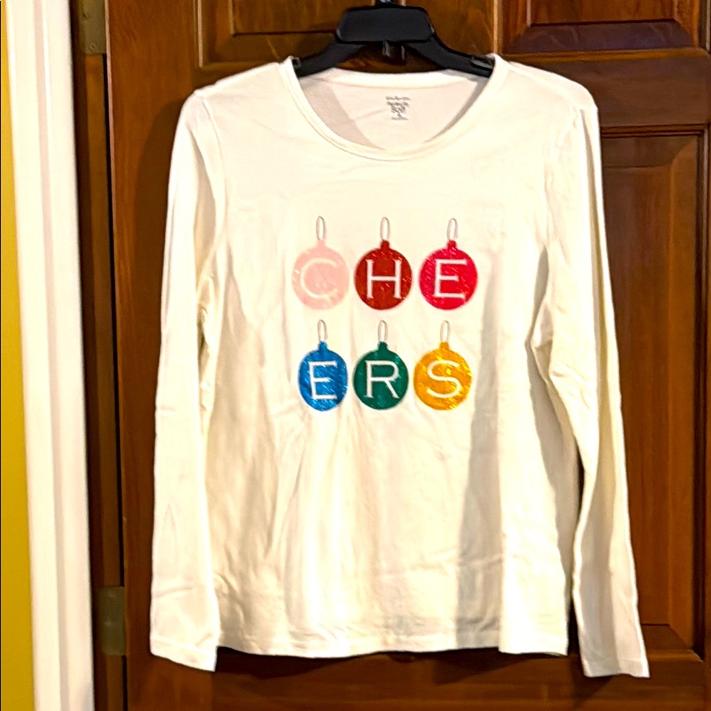 Kim Rogers Perfectly Soft Long Sleeve IVORY CREW Christmas CHEERS Shirt Size XL